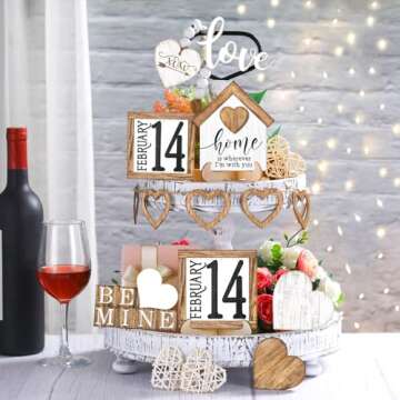 Marsui 19 Pcs Love Heart Tiered Tray Decor Set, Heart Wooden Table Sign Rustic Farmhouse Tray Signs Table Decoration for Home Kitchen(Neutral Style)