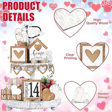 Marsui 19 Pcs Love Heart Tiered Tray Decor Set, Heart Wooden Table Sign Rustic Farmhouse Tray Signs Table Decoration for Home Kitchen(Neutral Style)