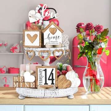 Marsui 19 Pcs Love Heart Tiered Tray Decor Set, Heart Wooden Table Sign Rustic Farmhouse Tray Signs Table Decoration for Home Kitchen(Neutral Style)
