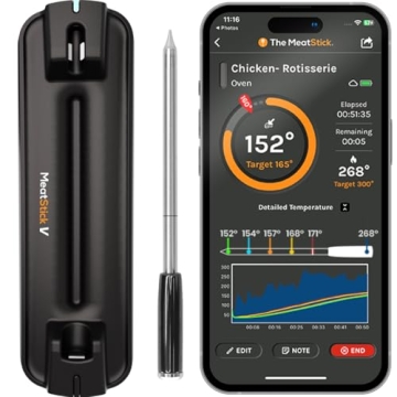 MeatStick V Wireless Meat Thermometer, 1200°F Heat Resistance, Unlimited Range WiFi & Bluetooth, Di...