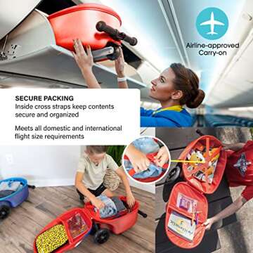 Kiddietotes 3-D Hardside Scooter Ride On Suitcase for Kids - Cute Lightweight Kids Luggage with Wheels - Fun LED Lights