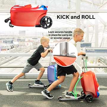 Kiddietotes 3-D Hardside Scooter Ride On Suitcase for Kids - Cute Lightweight Kids Luggage with Wheels - Fun LED Lights