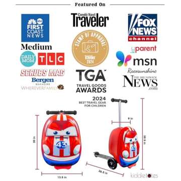 Kiddietotes 3-D Hardside Scooter Ride On Suitcase for Kids - Cute Lightweight Kids Luggage with Wheels - Fun LED Lights