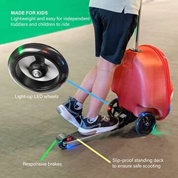 Kiddietotes 3-D Hardside Scooter Ride On Suitcase for Kids - Cute Lightweight Kids Luggage with Wheels - Fun LED Lights