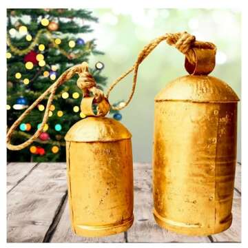 Rustic Decorative Bells Set of 2 - Giant Harmony Cow Bells Huge | Handmade Vintage Christmas Bells Golden Cowbell Country Style Jute Rope Hanging Bell Wall Decor (2X Harmony Bells 8"-6")