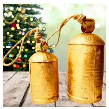 Rustic Decorative Bells Set of 2 - Giant Harmony Cow Bells Huge | Handmade Vintage Christmas Bells Golden Cowbell Country Style Jute Rope Hanging Bell Wall Decor (2X Harmony Bells 8"-6")