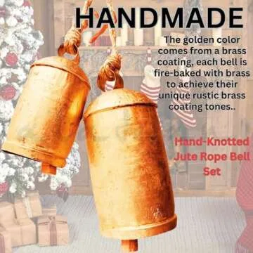 Rustic Decorative Bells Set of 2 - Giant Harmony Cow Bells Huge | Handmade Vintage Christmas Bells Golden Cowbell Country Style Jute Rope Hanging Bell Wall Decor (2X Harmony Bells 8"-6")