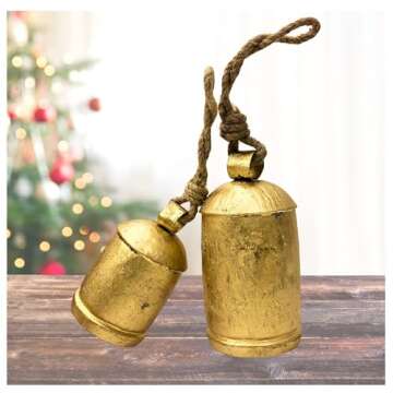 Rustic Decorative Bells Set of 2 - Giant Harmony Cow Bells Huge | Handmade Vintage Christmas Bells Golden Cowbell Country Style Jute Rope Hanging Bell Wall Decor (2X Harmony Bells 8"-6")
