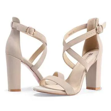 IDIFU Women's Chunky High Heel Sandal Strappy Open Toe Ankle Strap Dress Shoes for Women Bridesmaid Ladies in Wedding Bridal Evening Homecoming Prom (Nude Nubuck, 7.5 M US)