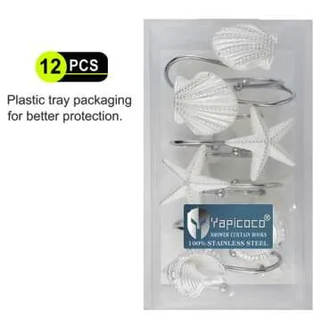 Yapicoco Shower Curtain Hooks Rings, 12PCS Pearl Shine Seashell Shower Rings， Anti Rust Decorative Shower Hooks for Beach Bathroom, Baby Room, Bedroom, Living Room Décor