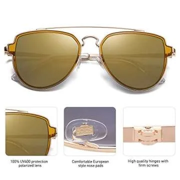 SOJOS Retro Polarized Double Bridge Sunglasses for Men Women Mirrored Lens SJ1051 with Gold Frame/Gold Mirrored Lens