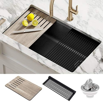 KRAUS Bellucci 32” Undermount Workstation Granite Kitchen Sink in Metallic Black