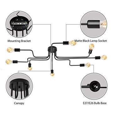 BAYCHEER UL Listed Flush Mount Ceiling Light Industrial Vintage Style Wrought Iron Metal Ceiling Light Lamp Fixture with 8 E26 Bulb Sockets for Indoor use, Restaurant, Bar, LOFT in Black