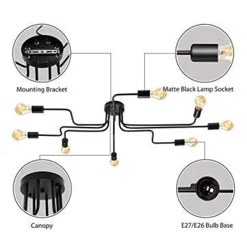 BAYCHEER UL Listed Flush Mount Ceiling Light Industrial Vintage Style Wrought Iron Metal Ceiling Light Lamp Fixture with 8 E26 Bulb Sockets for Indoor use, Restaurant, Bar, LOFT in Black