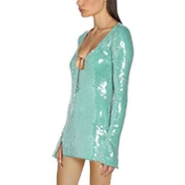 Sequin Dress for Women Sexy Cutout V Neck Ball Gown Long Sleeve Sparkly Homecoming Dress Glitter Midi Evening Dress with Slit