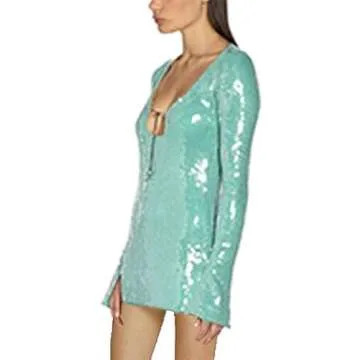 Sequin Dress for Women Sexy Cutout V Neck Ball Gown Long Sleeve Sparkly Homecoming Dress Glitter Midi Evening Dress with Slit