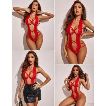 Avidlove Sexy Lingerie For Women Deep V Halter Teddy One Piece Bodysuit Lace Babydoll valentines lingerie teddy Red M