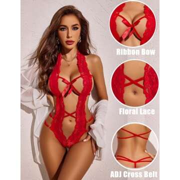 Avidlove Sexy Lingerie For Women Deep V Halter Teddy One Piece Bodysuit Lace Babydoll valentines lingerie teddy Red M