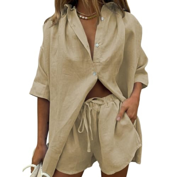 Fixmatti Women Summer Blouse & Shorts Set - Khaki Casual