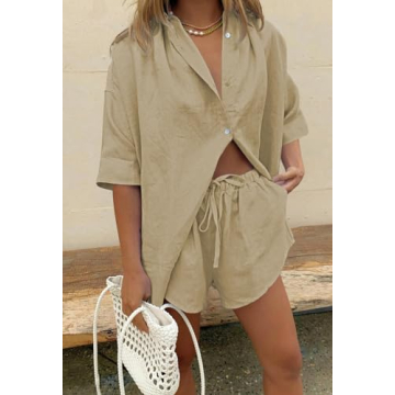 Fixmatti Women Summer Blouse & Shorts Set - Khaki Casual