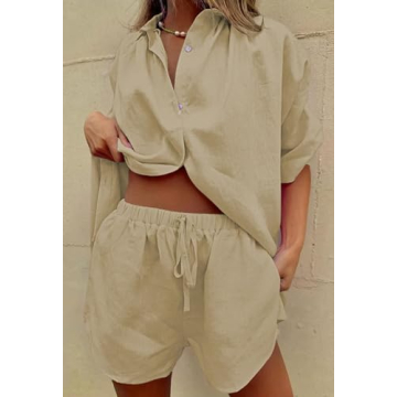 Fixmatti Women Summer Blouse & Shorts Set - Khaki Casual