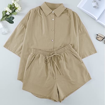 Fixmatti Women Summer Blouse & Shorts Set - Khaki Casual