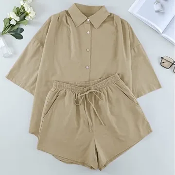Fixmatti Women Summer Blouse & Shorts Set - Khaki Casual