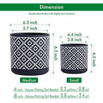 D'vine Dev Set of 2 Terracotta Pots, Geometric Pattern Planter Pot, 4 Inch and 6 Inch, Pot with Drainage Hole and Saucer, Black/White, 31-958-J-5
