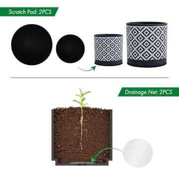 D'vine Dev Set of 2 Terracotta Pots, Geometric Pattern Planter Pot, 4 Inch and 6 Inch, Pot with Drainage Hole and Saucer, Black/White, 31-958-J-5