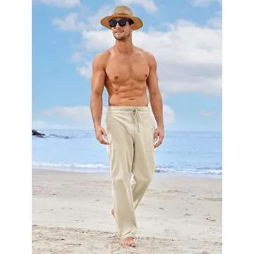 PASLTER Mens Casual Linen Pants Loose Fit Straight-Legs Elastic Drawstring Waist Summer Beach Yoga L...