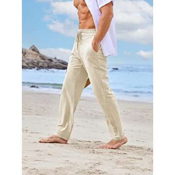 PASLTER Mens Casual Linen Pants Loose Fit Straight-Legs Elastic Drawstring Waist Summer Beach Yoga Long Pants A-Beige
