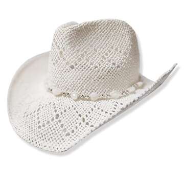 TOVOSO Western Cowgirl Hat for Women with Shapeable Brim, Beaded Hearts Trim, Shapeable Straw Cowboy Hat, White
