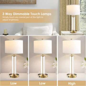 Table Lamps for Living Room,Touch Control Gold Lamps for Bedrooms Set of 2,Modern Bedside Table Lamp with Dual USB Ports,Tall Nightstand lamp with Whites Lampshades (2 Bulbs Included)