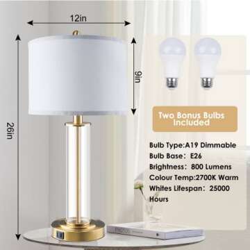 Table Lamps for Living Room,Touch Control Gold Lamps for Bedrooms Set of 2,Modern Bedside Table Lamp with Dual USB Ports,Tall Nightstand lamp with Whites Lampshades (2 Bulbs Included)