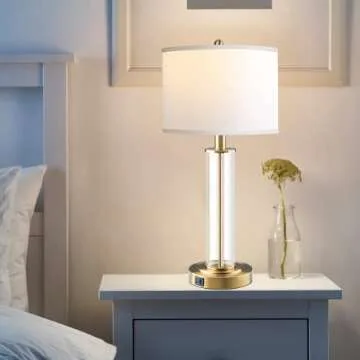 Table Lamps for Living Room,Touch Control Gold Lamps for Bedrooms Set of 2,Modern Bedside Table Lamp with Dual USB Ports,Tall Nightstand lamp with Whites Lampshades (2 Bulbs Included)