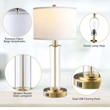 Table Lamps for Living Room,Touch Control Gold Lamps for Bedrooms Set of 2,Modern Bedside Table Lamp with Dual USB Ports,Tall Nightstand lamp with Whites Lampshades (2 Bulbs Included)