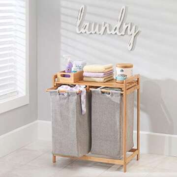 mDesign Freestanding Bamboo 2 Section Double Laundry Organizer Hamper with Removable Storage Sorter ...