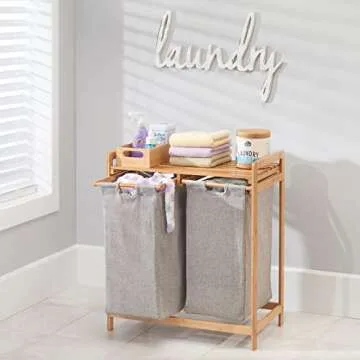 mDesign Freestanding Bamboo 2 Section Double Laundry Organizer Hamper with Removable Storage Sorter Bags, Space-Saving Basket Duo with Handles for Clothes/Linens - Echo Collection - Natural/Tan