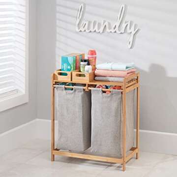 mDesign Freestanding Bamboo 2 Section Double Laundry Organizer Hamper with Removable Storage Sorter Bags, Space-Saving Basket Duo with Handles for Clothes/Linens - Echo Collection - Natural/Tan