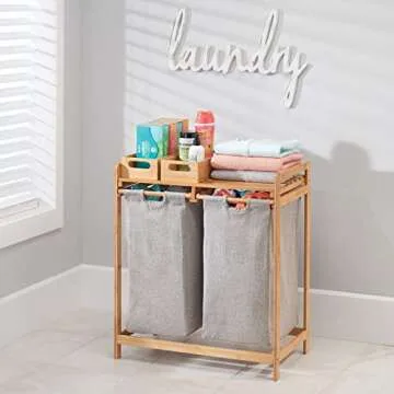 mDesign Freestanding Bamboo 2 Section Double Laundry Organizer Hamper with Removable Storage Sorter Bags, Space-Saving Basket Duo with Handles for Clothes/Linens - Echo Collection - Natural/Tan