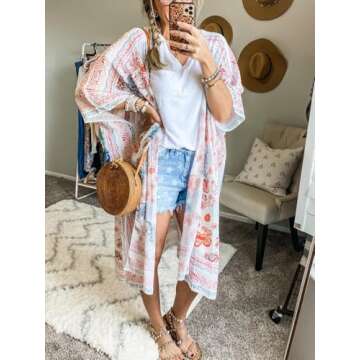 Women's Floral Chiffon Kimono Cardigan Long Flowy Beach Cover-Ups Bikini Swimsuit Open Front Tops Summer Sheer (Multicolored, Small)