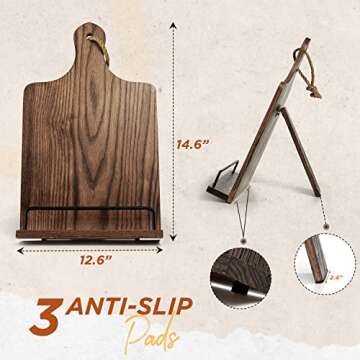FANATU Cookbook Stand, Rustic Wood Cookbook Holder Cutting Board Style, Adjustable Recipe Ipad Tablet Book Holder and Stand for Kitchen with Anti-Slip Kickstand (Dark Brown)