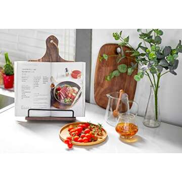 FANATU Cookbook Stand, Rustic Wood Cookbook Holder Cutting Board Style, Adjustable Recipe Ipad Tablet Book Holder and Stand for Kitchen with Anti-Slip Kickstand (Dark Brown)