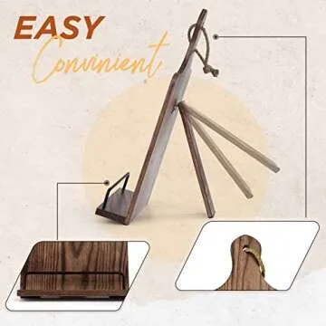 FANATU Cookbook Stand, Rustic Wood Cookbook Holder Cutting Board Style, Adjustable Recipe Ipad Tablet Book Holder and Stand for Kitchen with Anti-Slip Kickstand (Dark Brown)