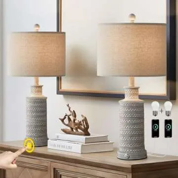 BOBOMOMO 3-Way Dimmable Touch Control Table Lamp Set of 2 with Dual USB Charging Ports for Bedroom Living Room Vintage Rustic Farmhouse Traditional Nightstand Bedside Lamps(Bulbs Included)