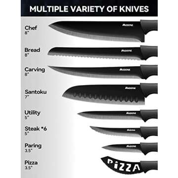 MIDONE Kitchen Knife Set with Acrylic Block, 17 PCS German Stainless Steel, includes Multiple Variety of Knives, Scissor, Sharpener, All in One Knife Set, Nonstick and No Scratch, Black