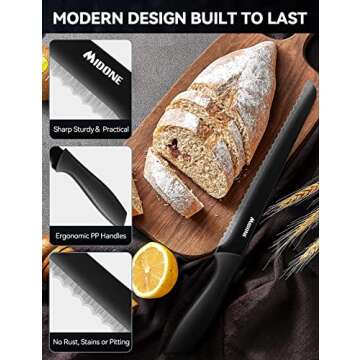 MIDONE Kitchen Knife Set with Acrylic Block, 17 PCS German Stainless Steel, includes Multiple Variety of Knives, Scissor, Sharpener, All in One Knife Set, Nonstick and No Scratch, Black