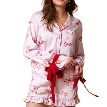 Fenghualzzniya Women Cute Christmas Pajamas 2 Piece Lounge Set Long Sleeve Shirts and Shorts Y2k Pajama Sets Sleepwear, Ruffle Pink, Small