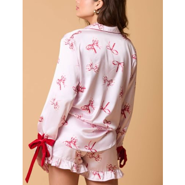 Fenghualzzniya Women Cute Christmas Pajamas 2 Piece Lounge Set Long Sleeve Shirts and Shorts Y2k Pajama Sets Sleepwear, Ruffle Pink, Small