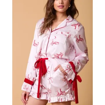 Fenghualzzniya Women Cute Christmas Pajamas 2 Piece Lounge Set Long Sleeve Shirts and Shorts Y2k Pajama Sets Sleepwear, Ruffle Pink, Small